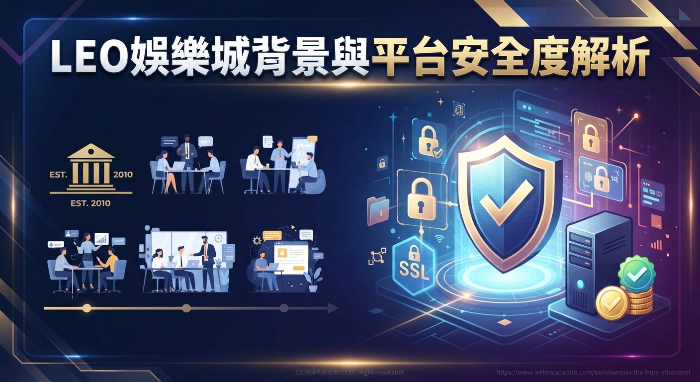 這張圖片以「LEO娛樂城背景與平台安全度解析」為標題,畫面中融合了象徵企業背景的歷史沿革圖標以及代表平台安全防護的盾牌與加密技術圖示。