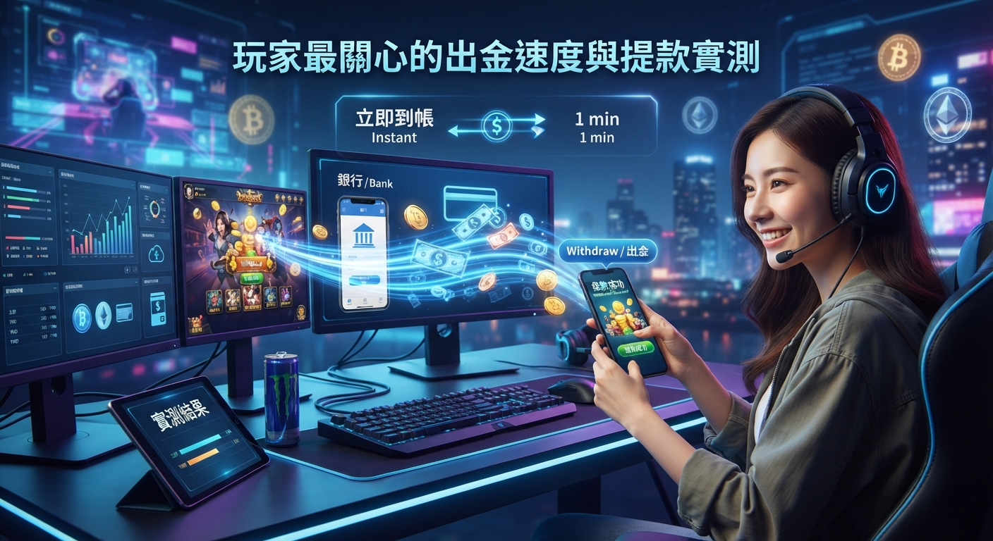 這是一張以「玩家最關心的出金速度與提款實測」為主題的科技感遊戲實測畫面。畫面中展示了一名玩家正使用手機快速提領資金,並呈現出即時到帳的數據。
